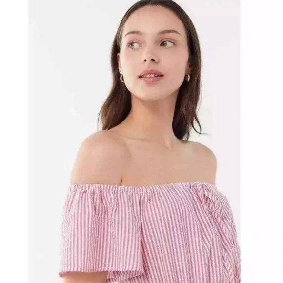 Urban Outfitters XS Off Shoulder Striped Seersucker Tiered Maxi Dress - Picture 2 of 7